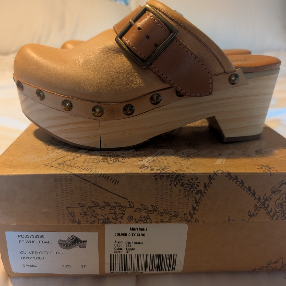 Free People Tan Leather Clogs with Buckle